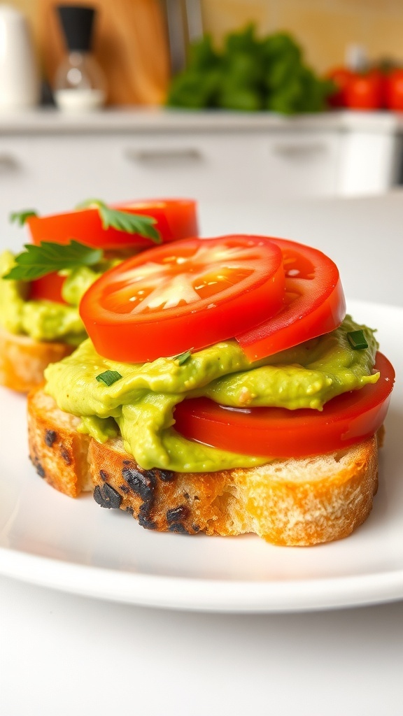 Avocado toast with tomato slices on a plate, garnished with herbs.